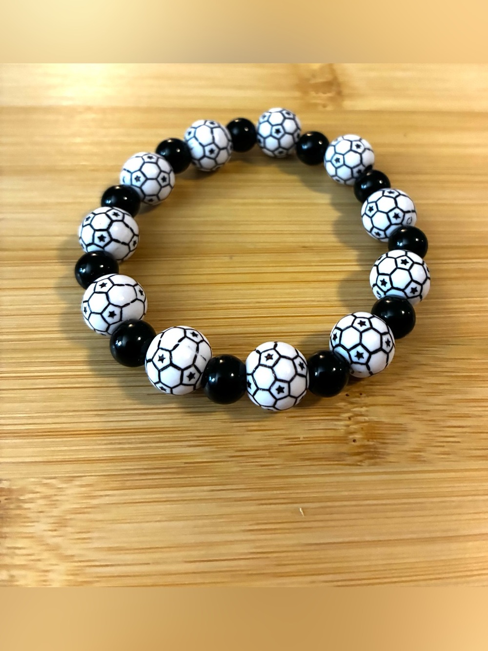 Soccer Beaded Stretch Bracelet - Black & White